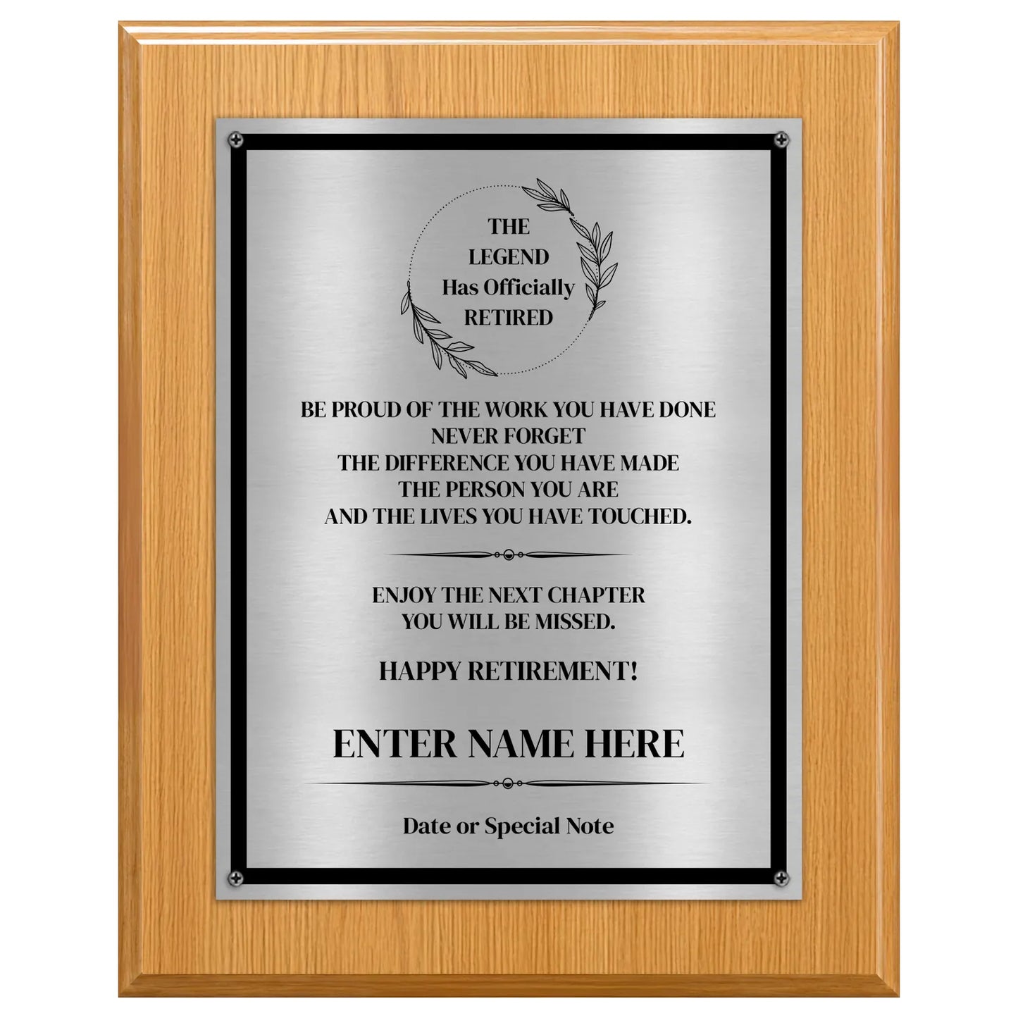 The Legend Has Officially Retired Classic Retirement Plaque - 4 Frame Colors - Brushed Silver & Gold Plate Options