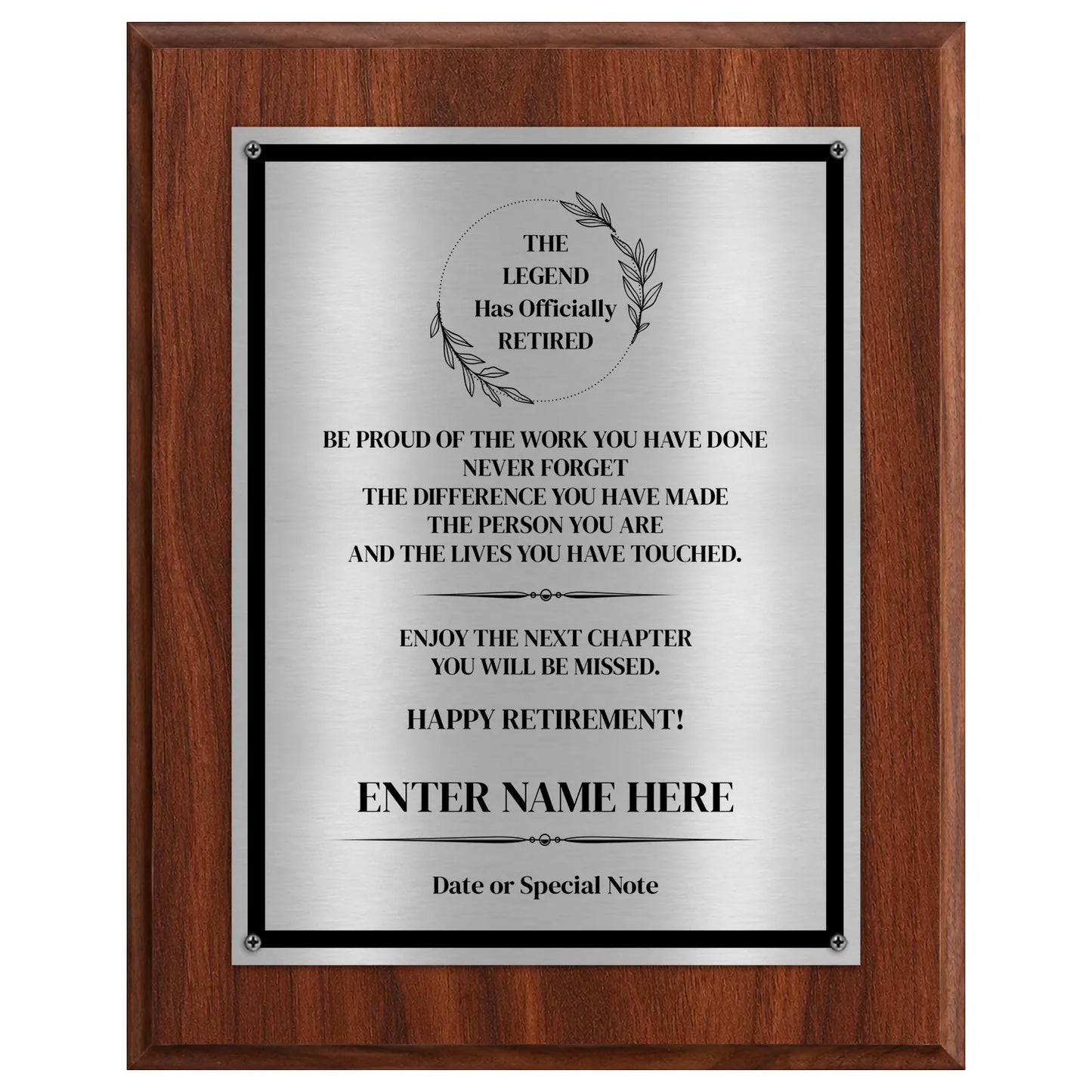 The Legend Has Officially Retired Classic Retirement Plaque - 4 Frame Colors - Brushed Silver & Gold Plate Options