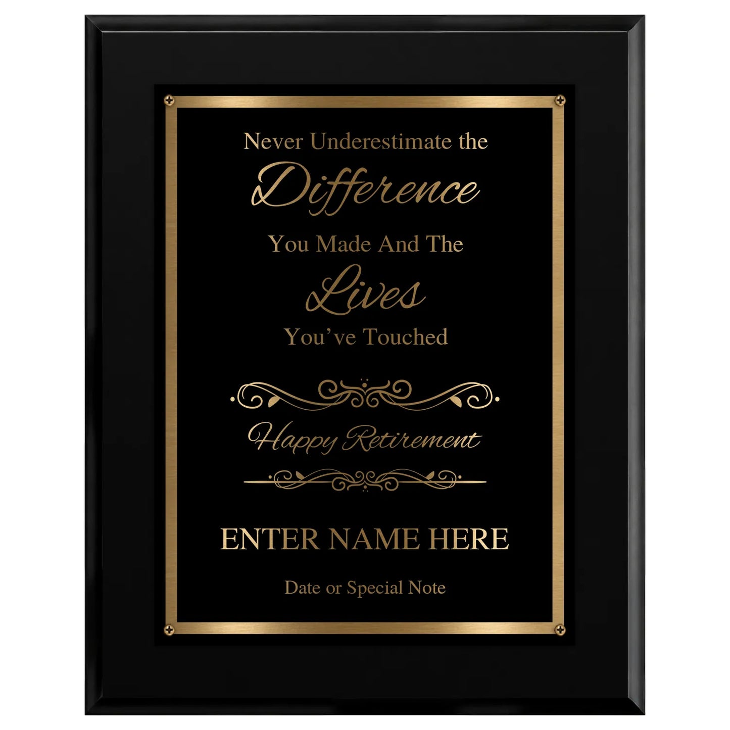 Never Underestimate the Difference You Made Classic Retirement Plaque - 4 Frame Colors - Silver & Gold Plate Options