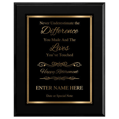 Never Underestimate the Difference You Made Classic Retirement Plaque - 4 Frame Colors - Silver & Gold Plate Options