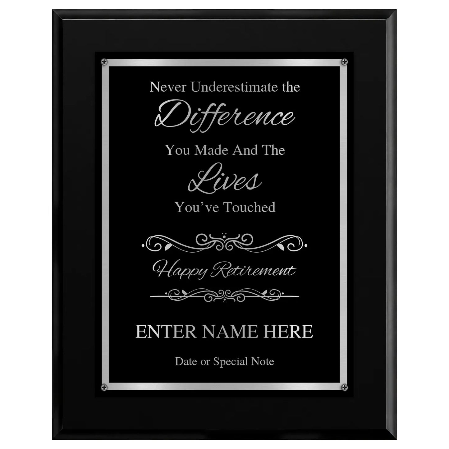 Never Underestimate the Difference You Made Classic Retirement Plaque - 4 Frame Colors - Silver & Gold Plate Options