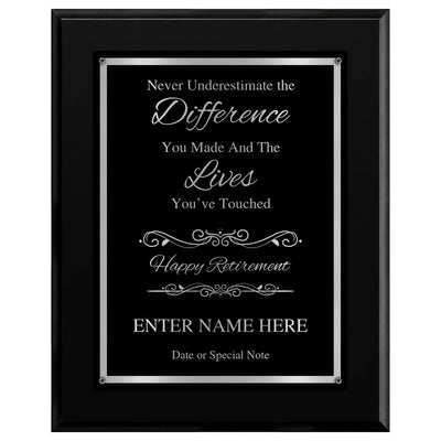 Never Underestimate the Difference You Made Classic Retirement Plaque - 4 Frame Colors - Silver & Gold Plate Options