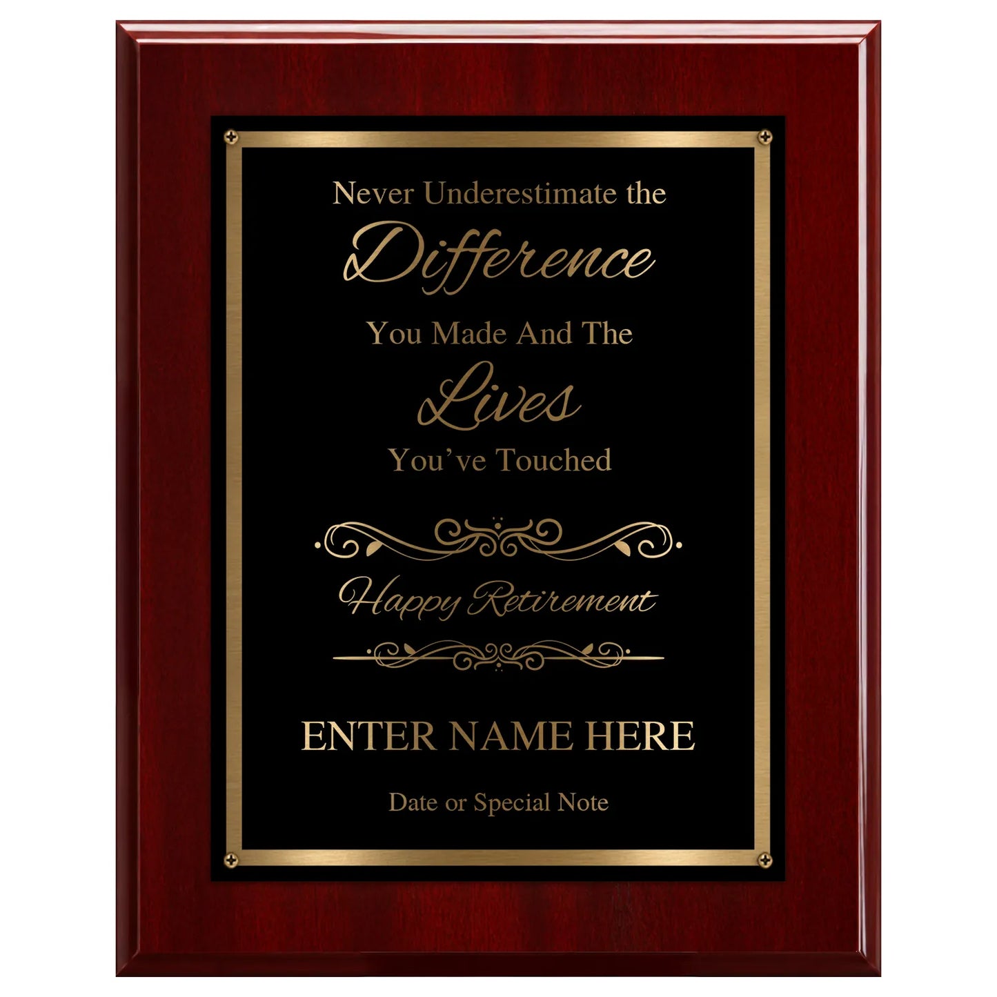 Never Underestimate the Difference You Made Classic Retirement Plaque - 4 Frame Colors - Silver & Gold Plate Options