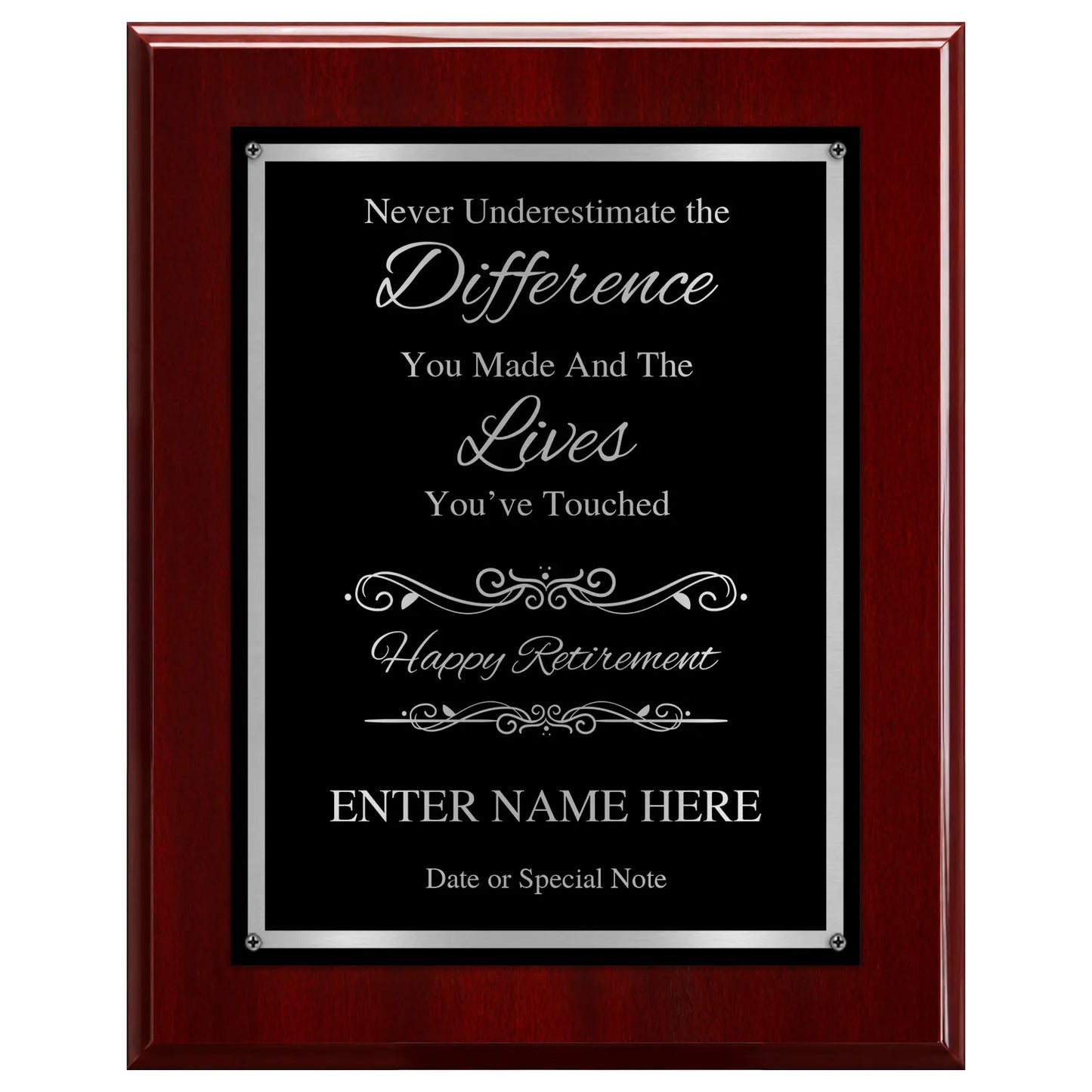 Never Underestimate the Difference You Made Classic Retirement Plaque - 4 Frame Colors - Silver & Gold Plate Options