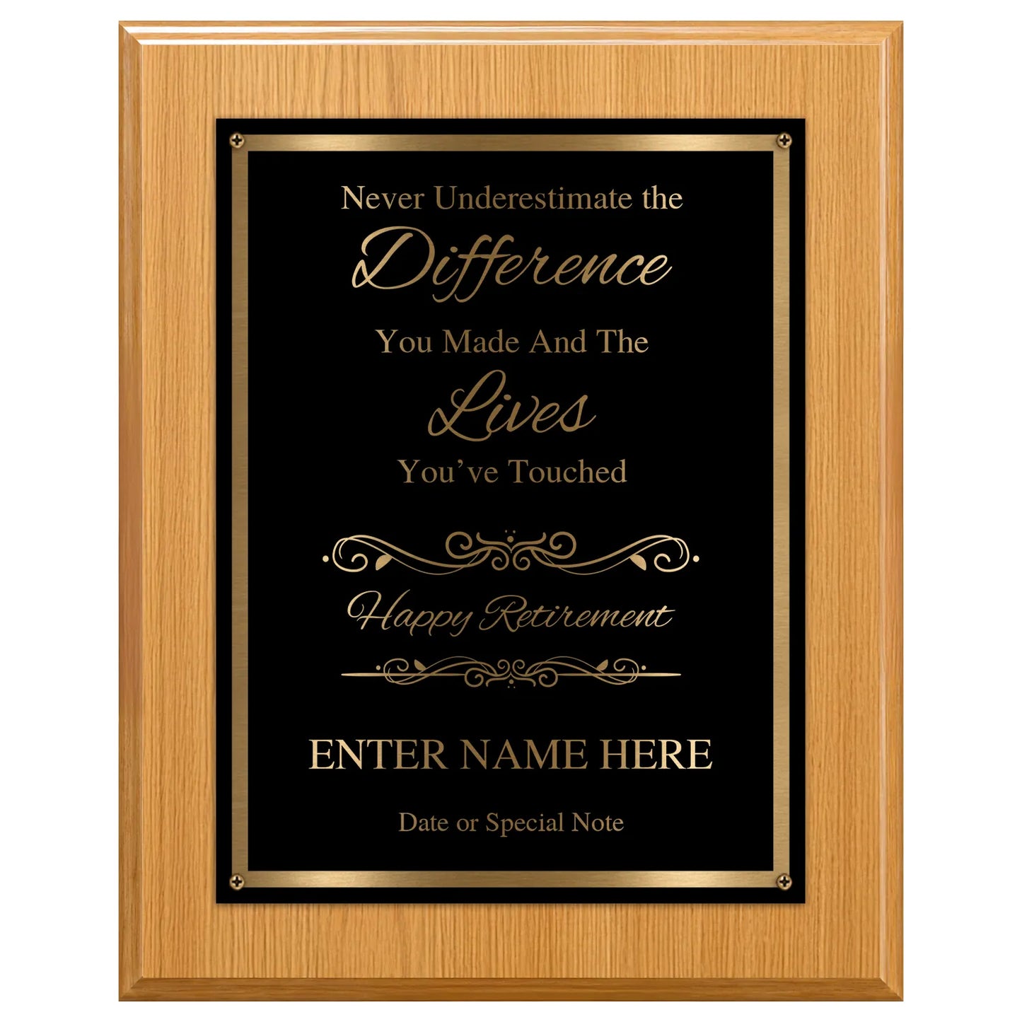 Never Underestimate the Difference You Made Classic Retirement Plaque - 4 Frame Colors - Silver & Gold Plate Options