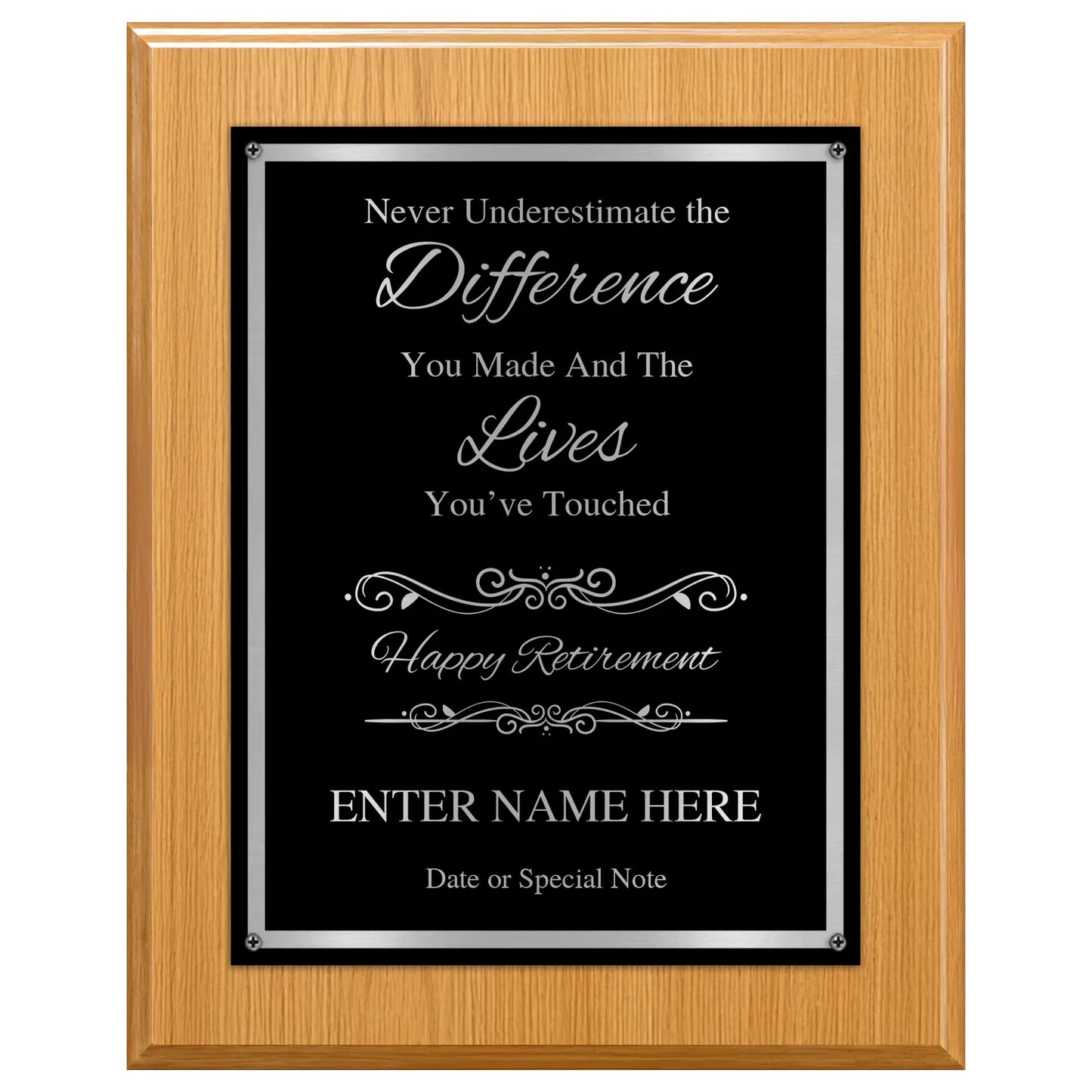 Never Underestimate the Difference You Made Classic Retirement Plaque - 4 Frame Colors - Silver & Gold Plate Options