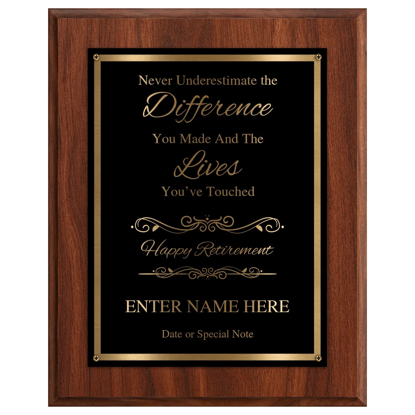 Never Underestimate the Difference You Made Classic Retirement Plaque - 4 Frame Colors - Silver & Gold Plate Options