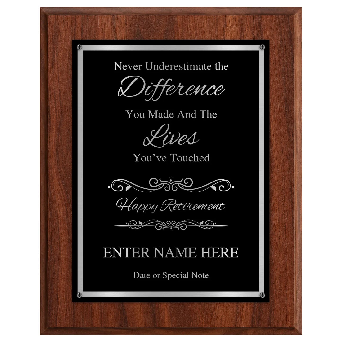 Never Underestimate the Difference You Made Classic Retirement Plaque - 4 Frame Colors - Silver & Gold Plate Options