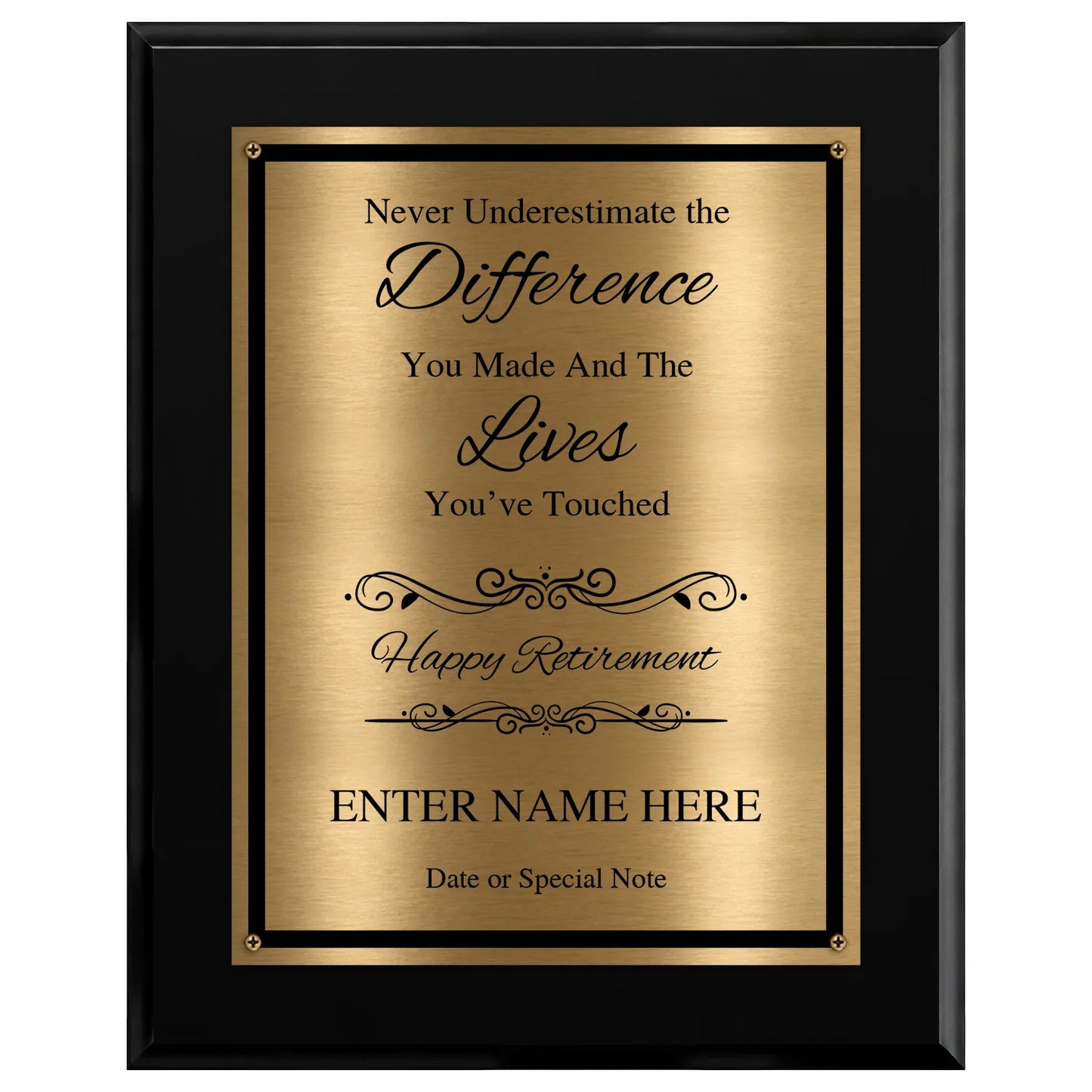 Never Underestimate the Difference You Made Classic Retirement Plaque - 4 Frame Colors - Brushed Silver & Gold Plate Options