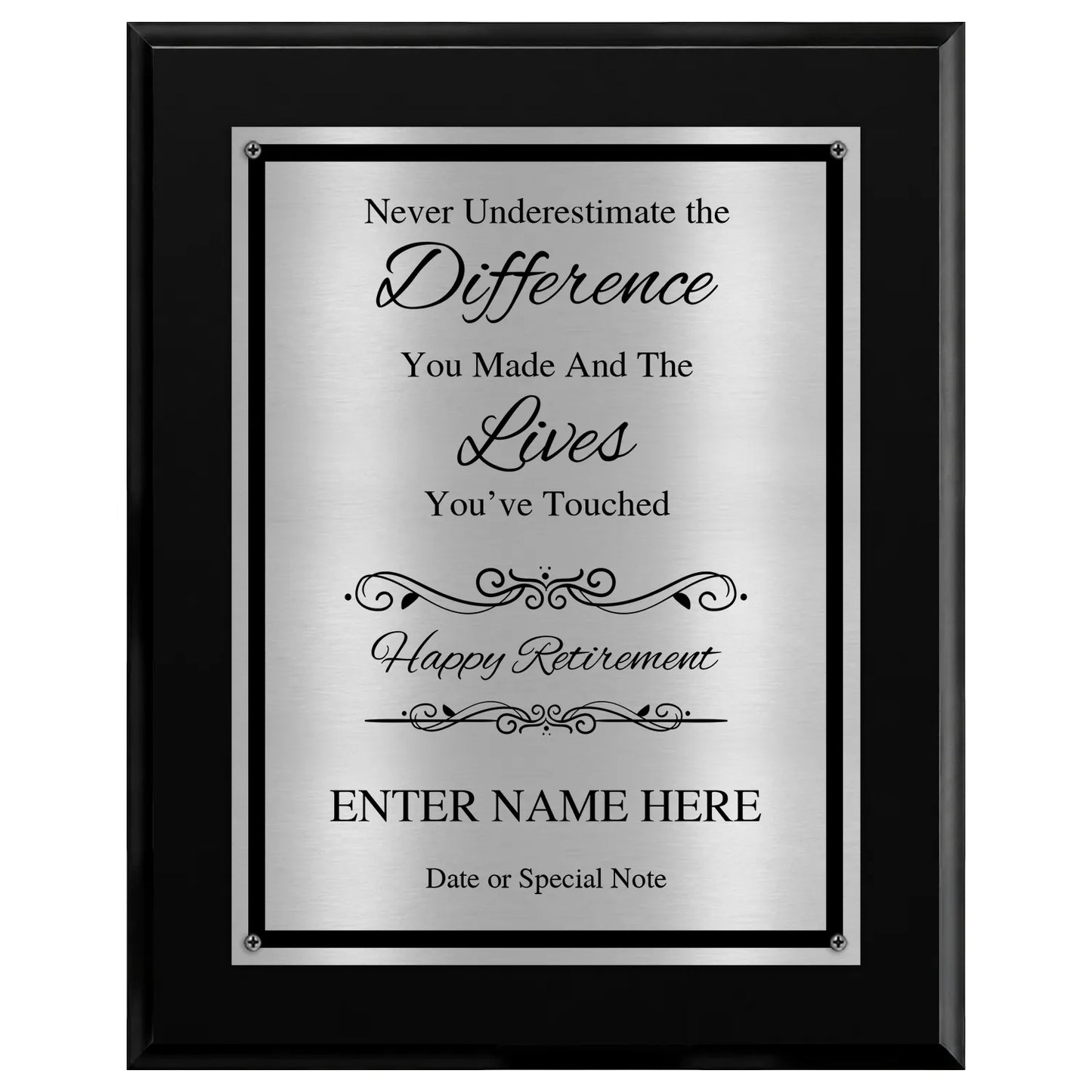 Never Underestimate the Difference You Made Classic Retirement Plaque - 4 Frame Colors - Brushed Silver & Gold Plate Options