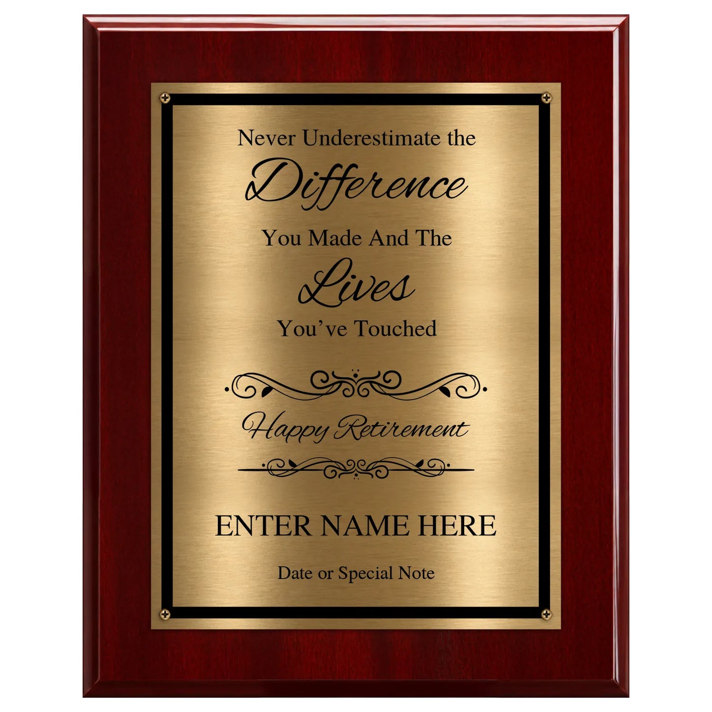 Never Underestimate the Difference You Made Classic Retirement Plaque - 4 Frame Colors - Brushed Silver & Gold Plate Options