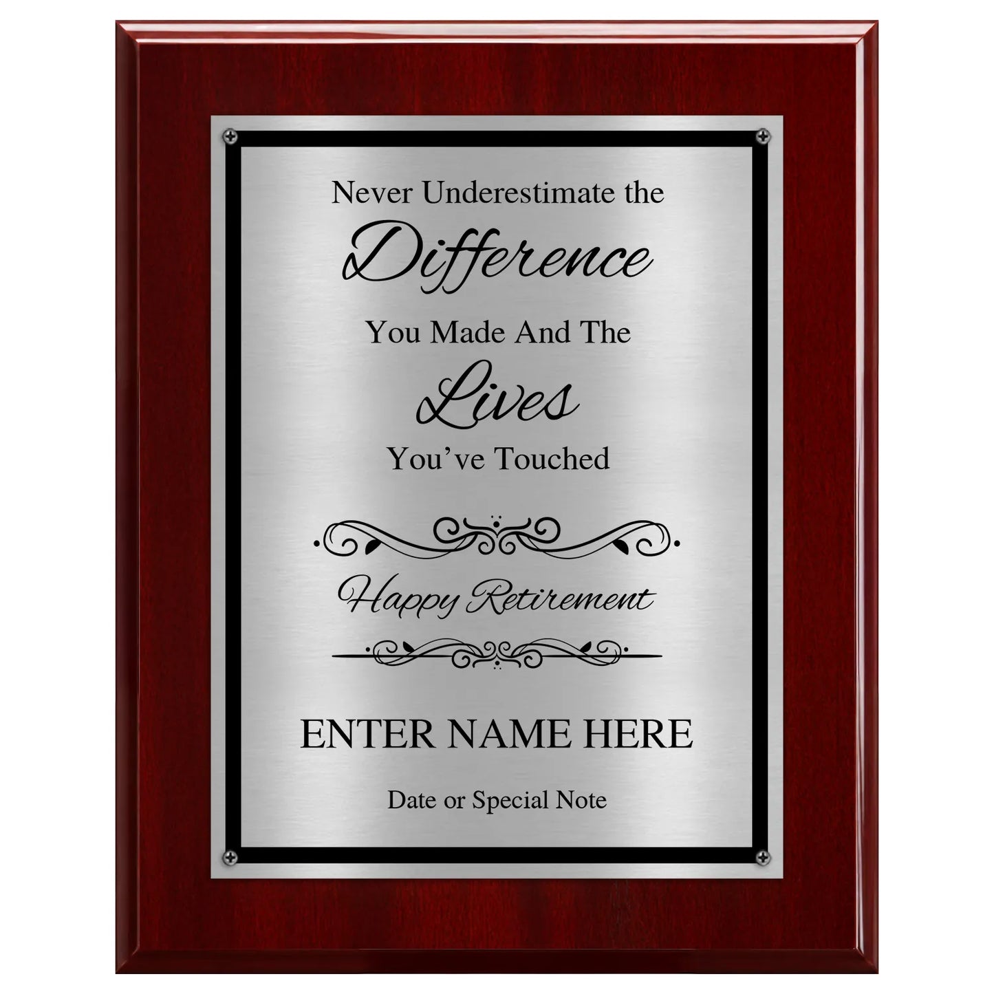 Never Underestimate the Difference You Made Classic Retirement Plaque - 4 Frame Colors - Brushed Silver & Gold Plate Options