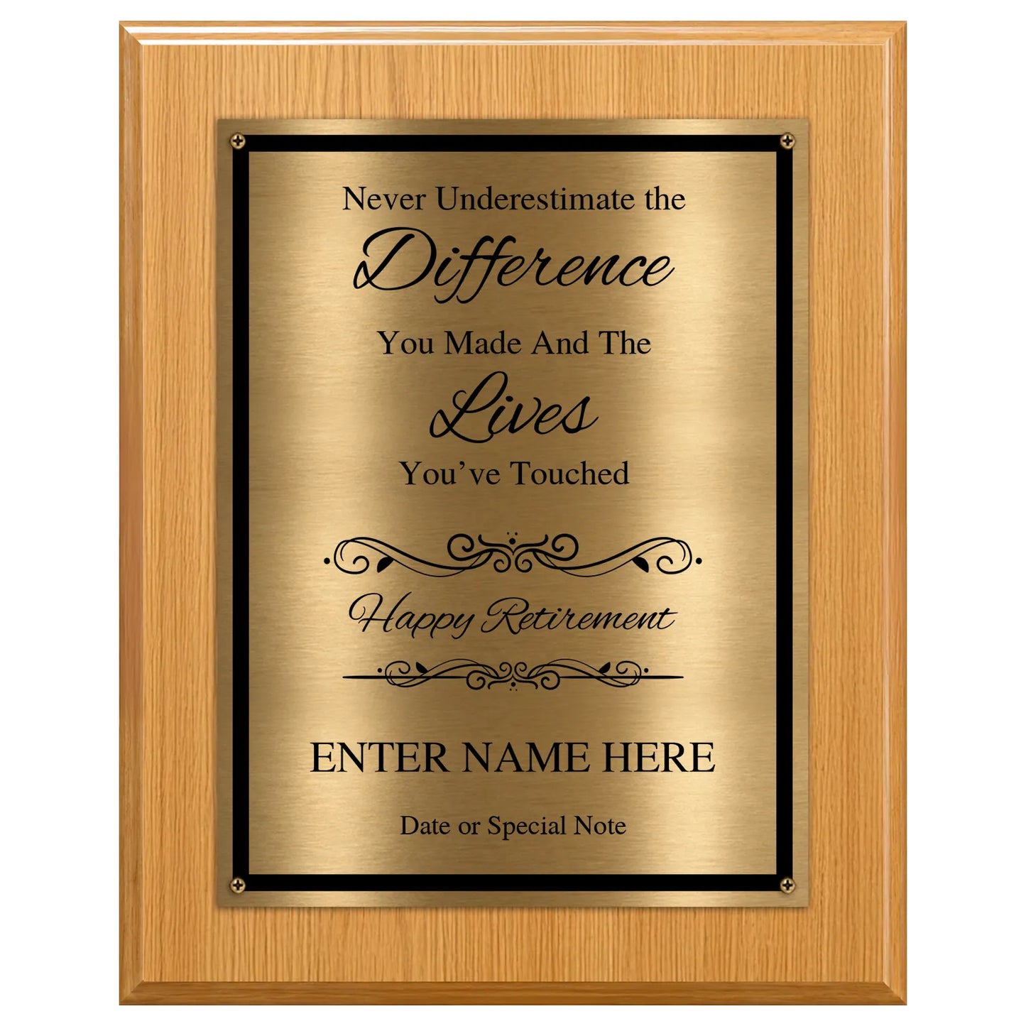 Never Underestimate the Difference You Made Classic Retirement Plaque - 4 Frame Colors - Brushed Silver & Gold Plate Options