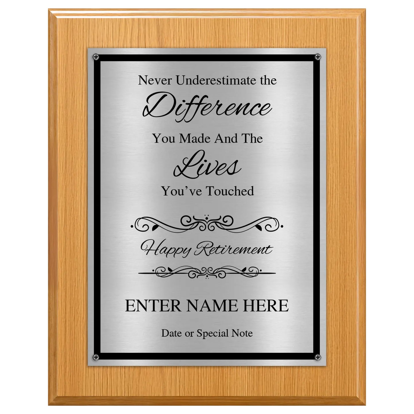 Never Underestimate the Difference You Made Classic Retirement Plaque - 4 Frame Colors - Brushed Silver & Gold Plate Options