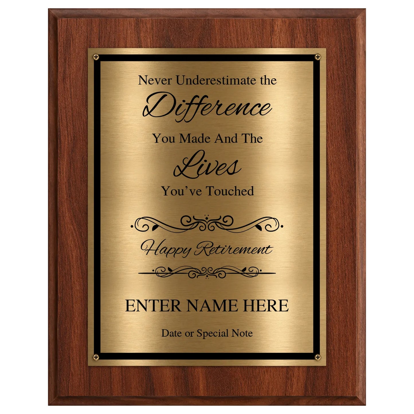 Never Underestimate the Difference You Made Classic Retirement Plaque - 4 Frame Colors - Brushed Silver & Gold Plate Options