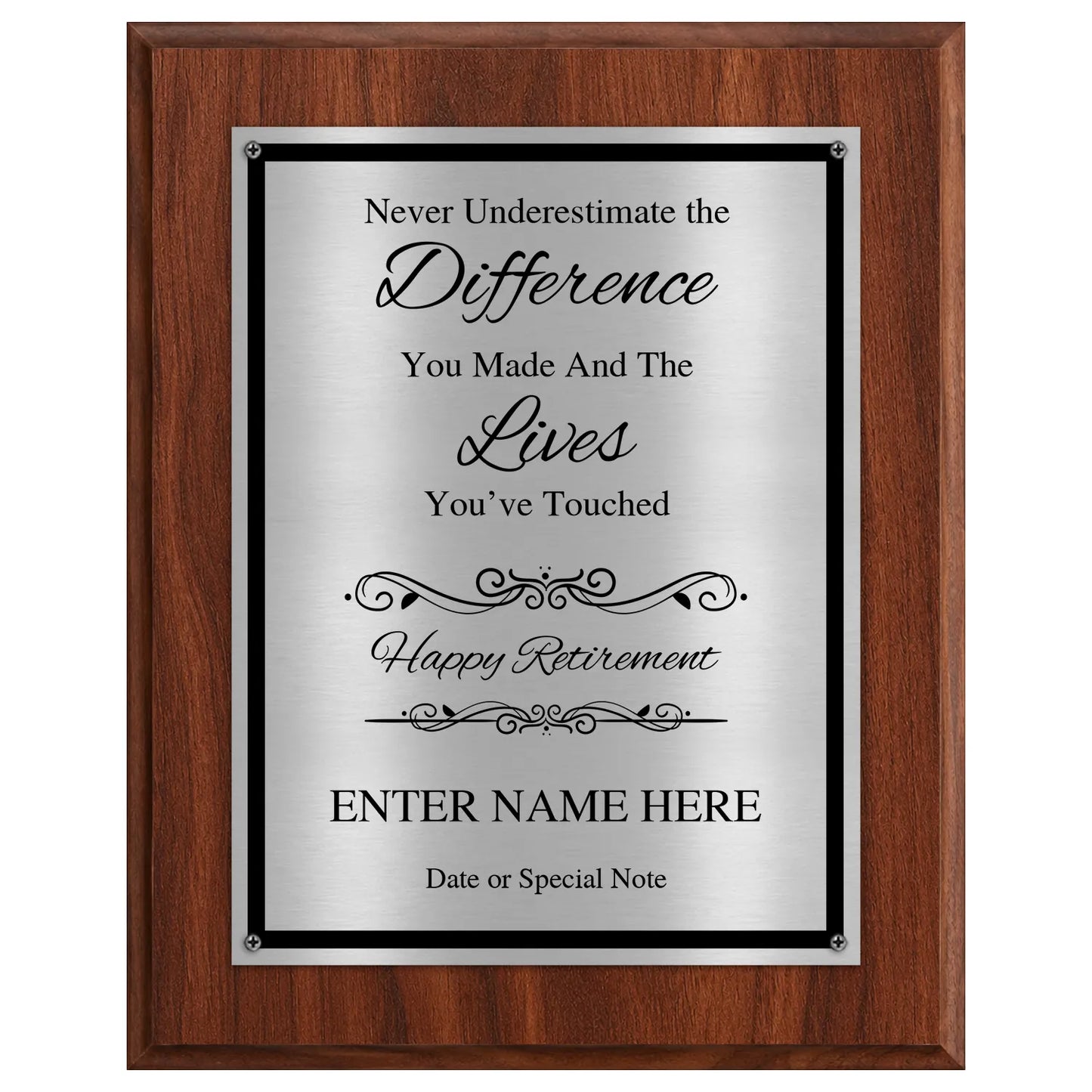 Never Underestimate the Difference You Made Classic Retirement Plaque - 4 Frame Colors - Brushed Silver & Gold Plate Options