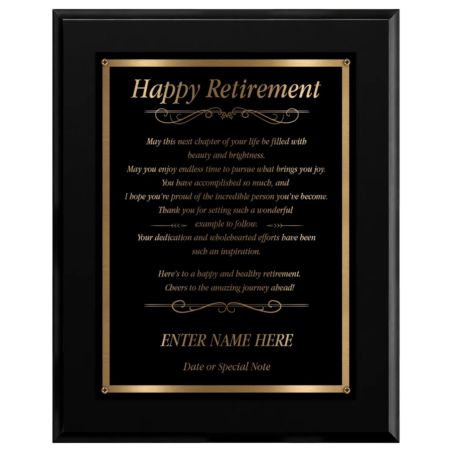 Happy Retirement Classic Plaque - 4 Frame Colors - Silver & Gold Plate Options