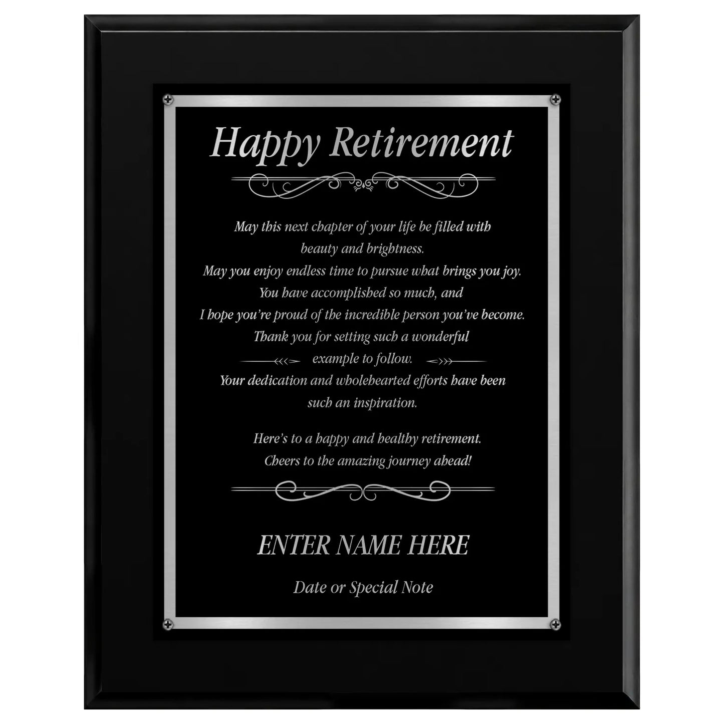 Happy Retirement Classic Plaque - 4 Frame Colors - Silver & Gold Plate Options