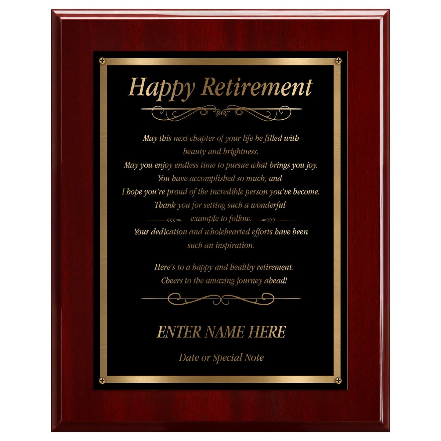 Happy Retirement Classic Plaque - 4 Frame Colors - Silver & Gold Plate Options