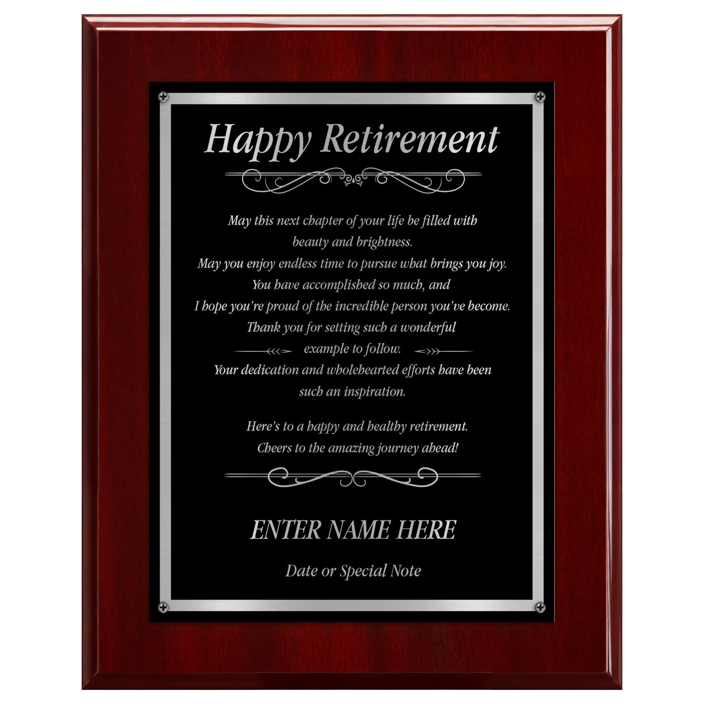 Happy Retirement Classic Plaque - 4 Frame Colors - Silver & Gold Plate Options