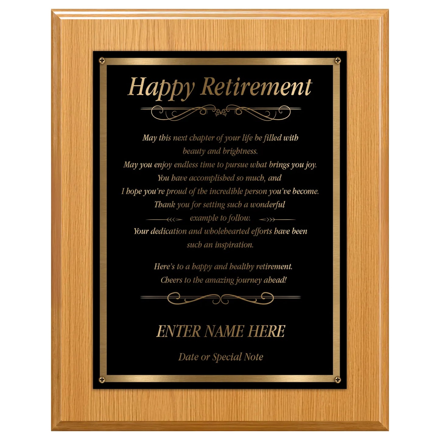Happy Retirement Classic Plaque - 4 Frame Colors - Silver & Gold Plate Options