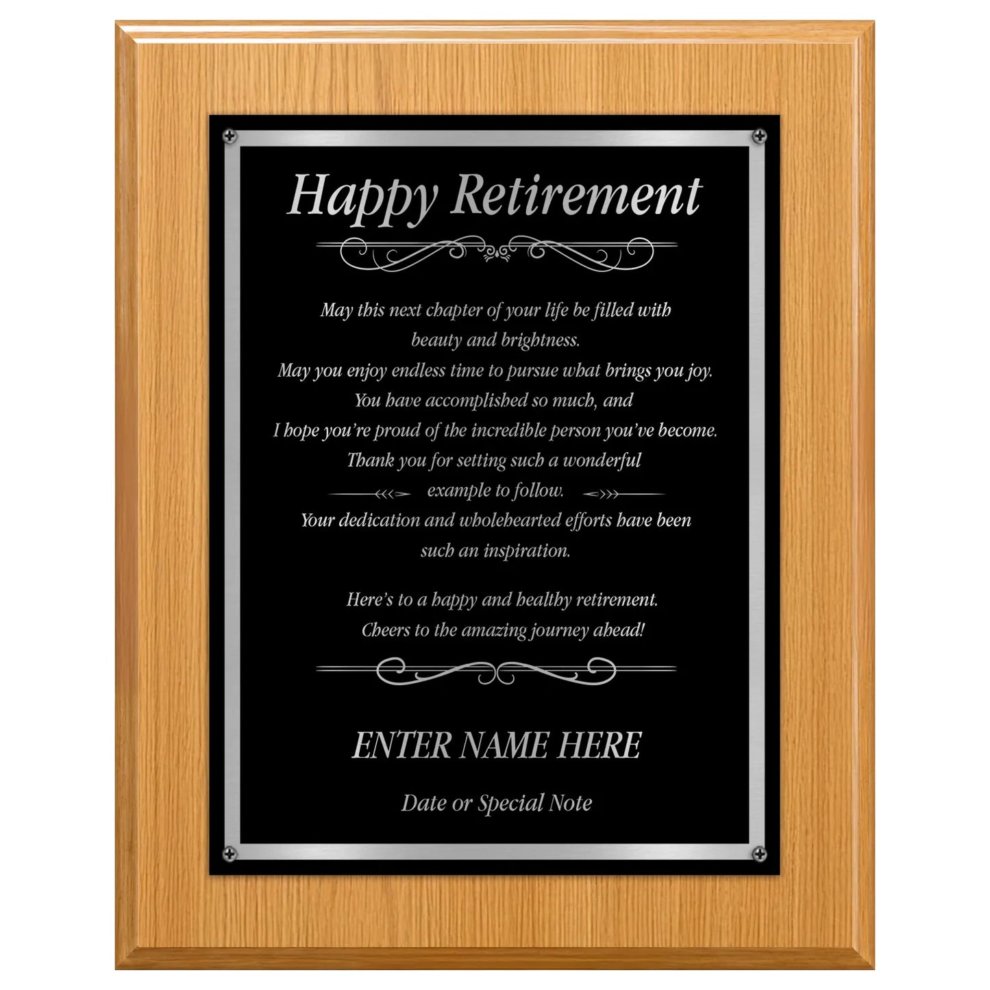 Happy Retirement Classic Plaque - 4 Frame Colors - Silver & Gold Plate Options