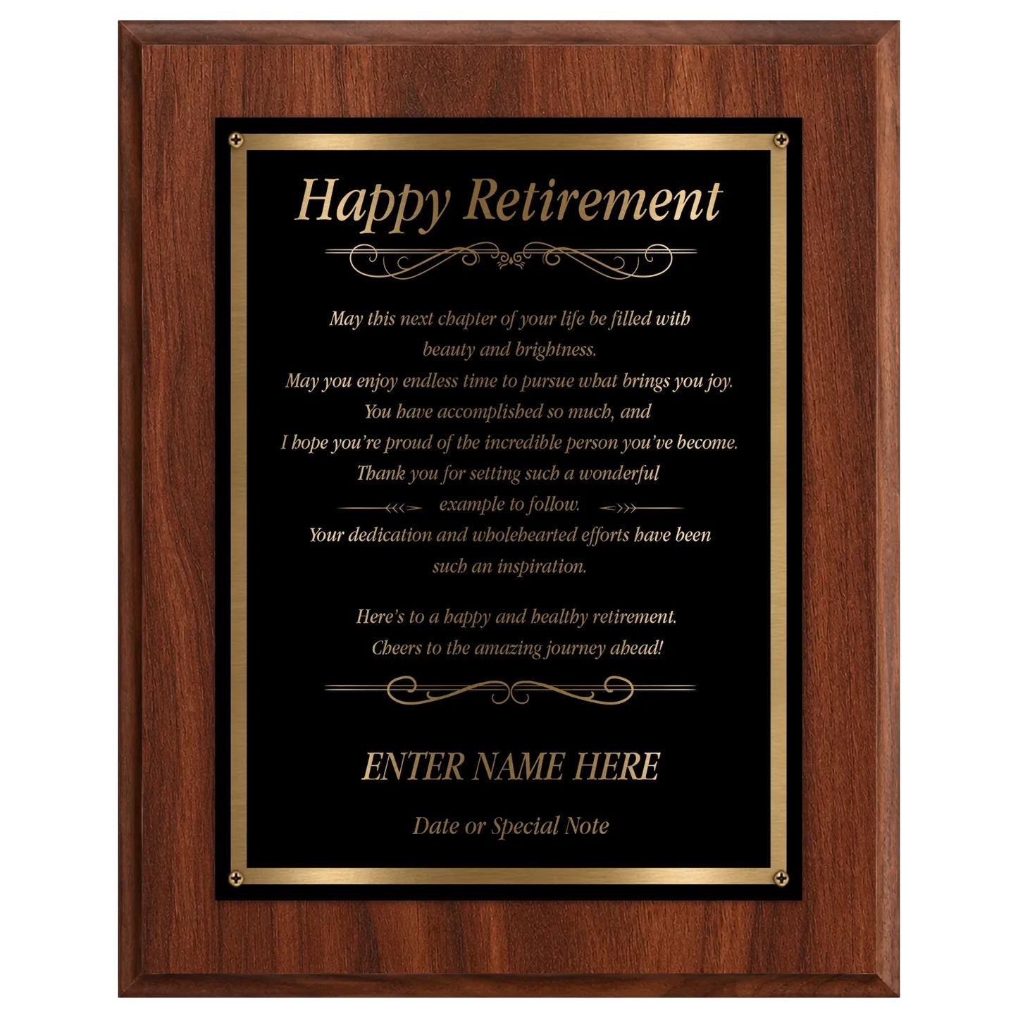 Happy Retirement Classic Plaque - 4 Frame Colors - Silver & Gold Plate Options