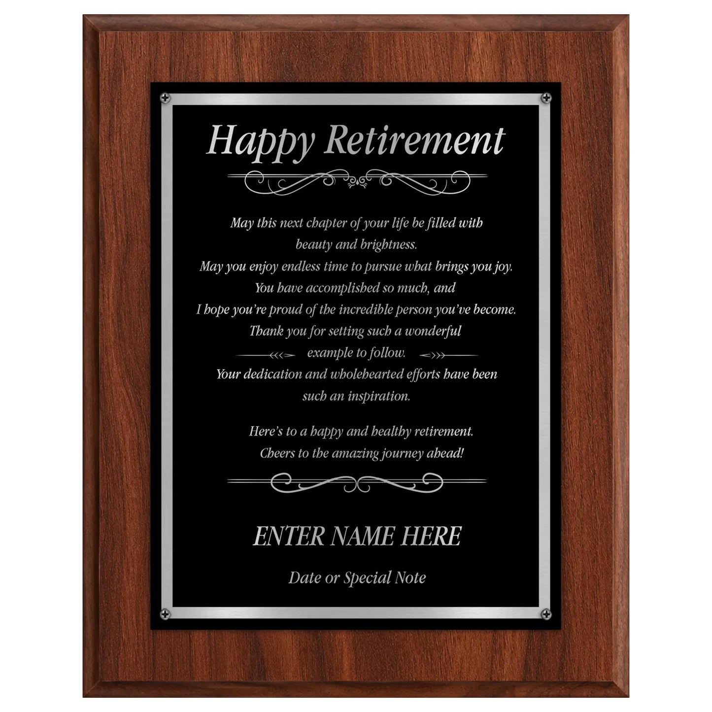 Happy Retirement Classic Plaque - 4 Frame Colors - Silver & Gold Plate Options