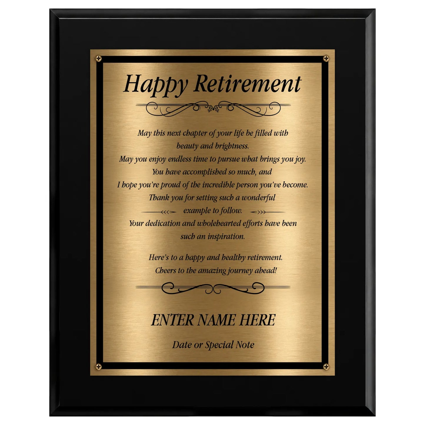 Happy Retirement Classic Plaque - 4 Frame Colors - Brushed Silver & Gold Plate Options