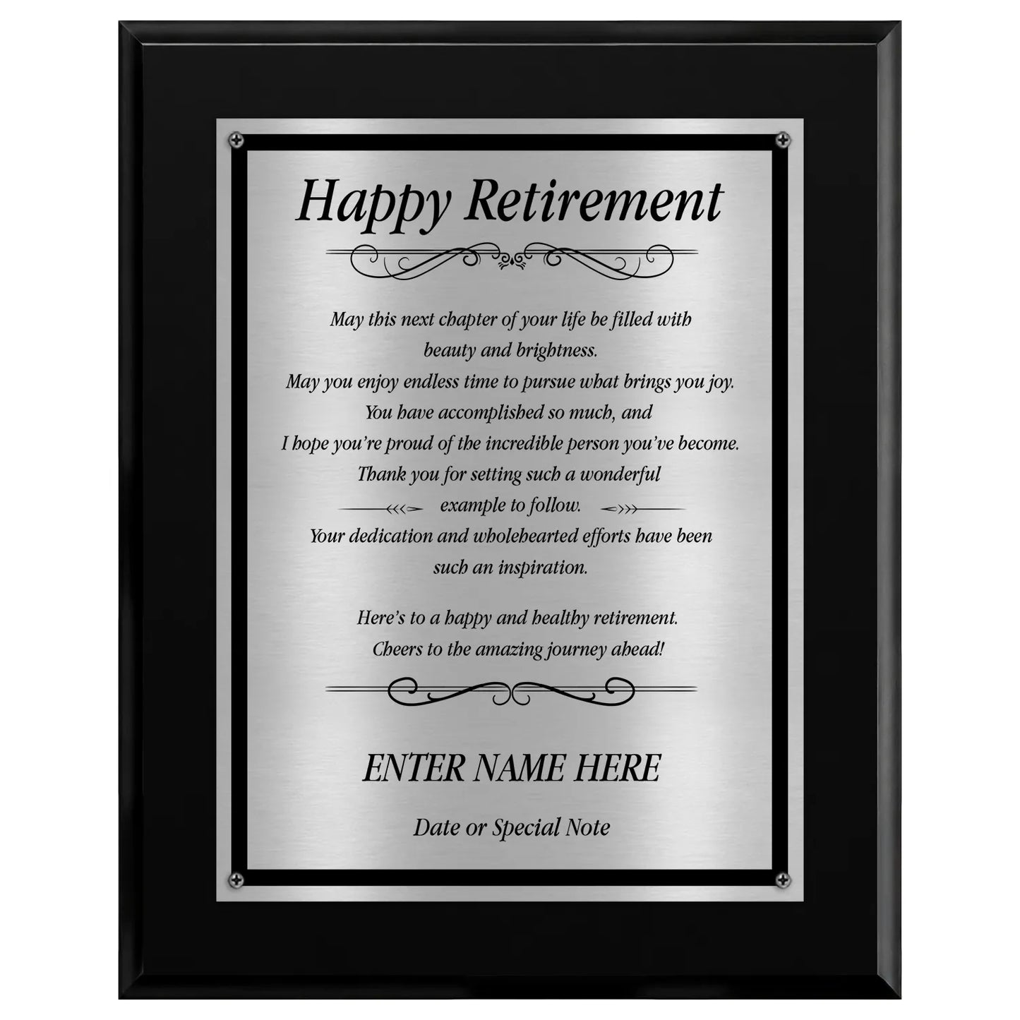 Happy Retirement Classic Plaque - 4 Frame Colors - Brushed Silver & Gold Plate Options