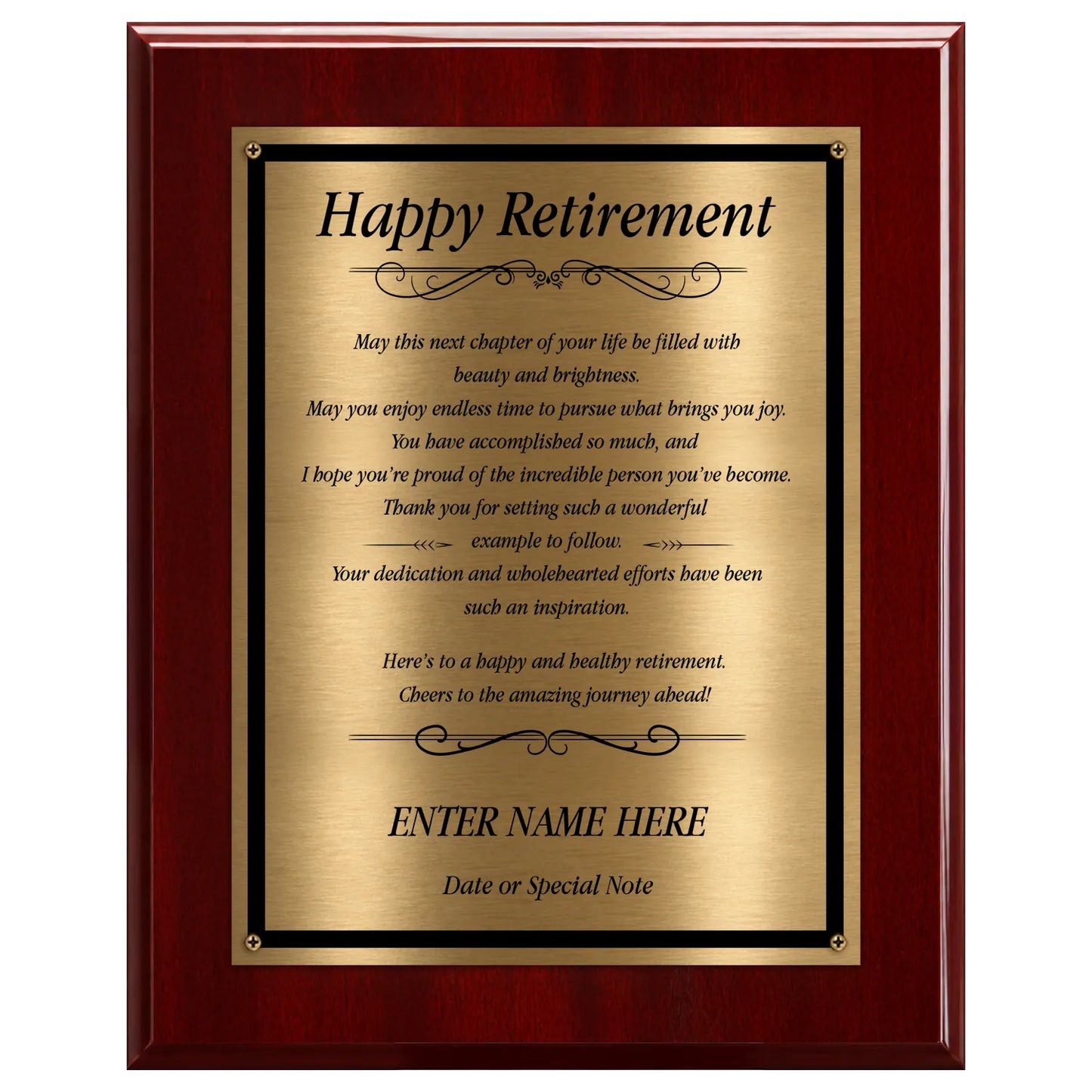Happy Retirement Classic Plaque - 4 Frame Colors - Brushed Silver & Gold Plate Options