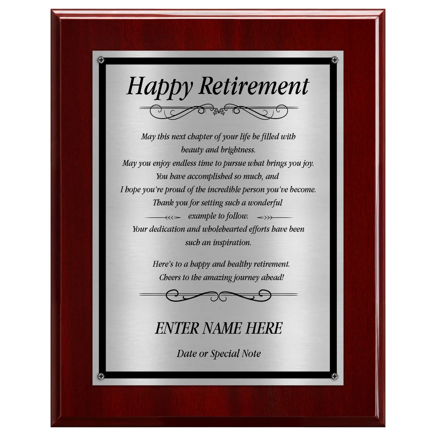 Happy Retirement Classic Plaque - 4 Frame Colors - Brushed Silver & Gold Plate Options