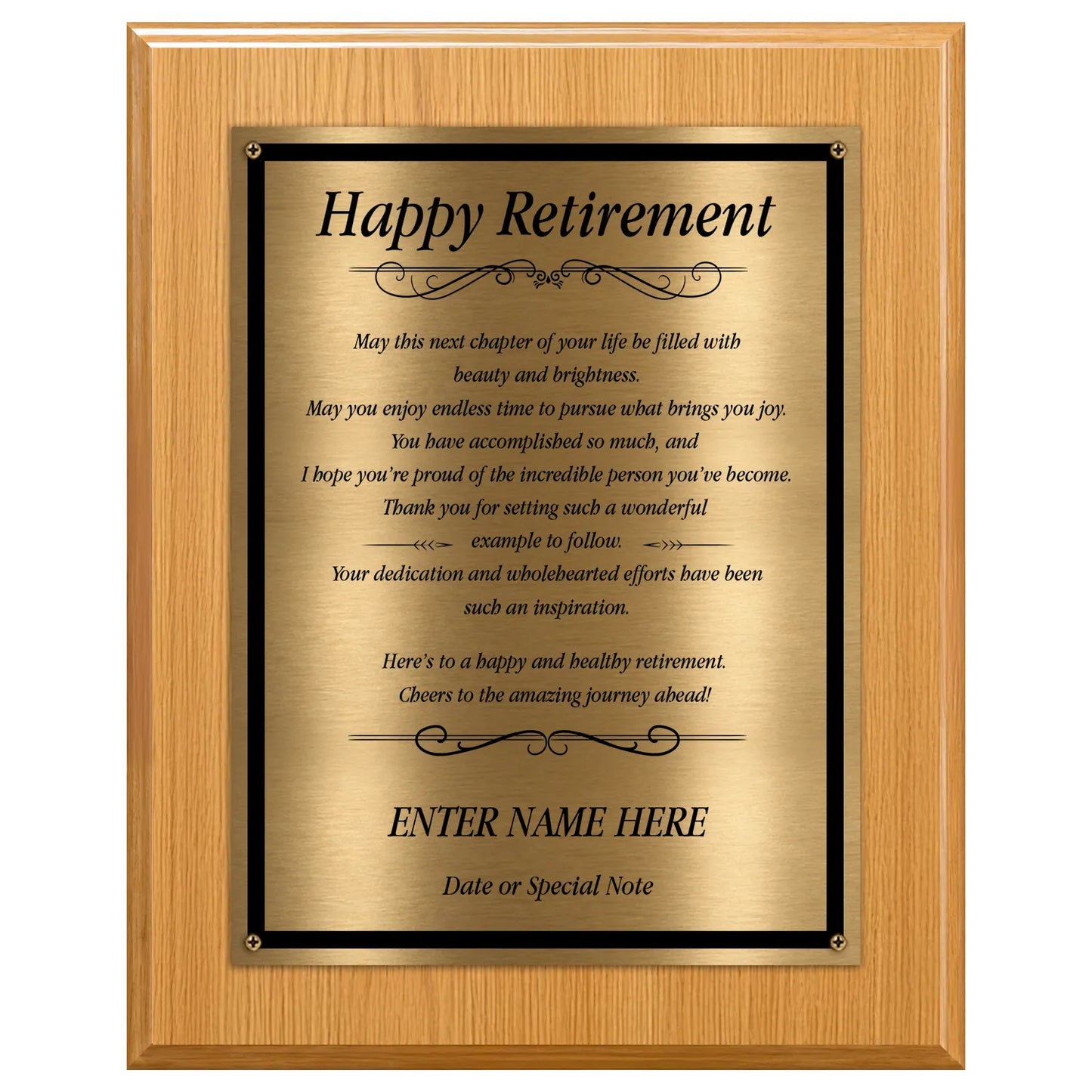 Happy Retirement Classic Plaque - 4 Frame Colors - Brushed Silver & Gold Plate Options
