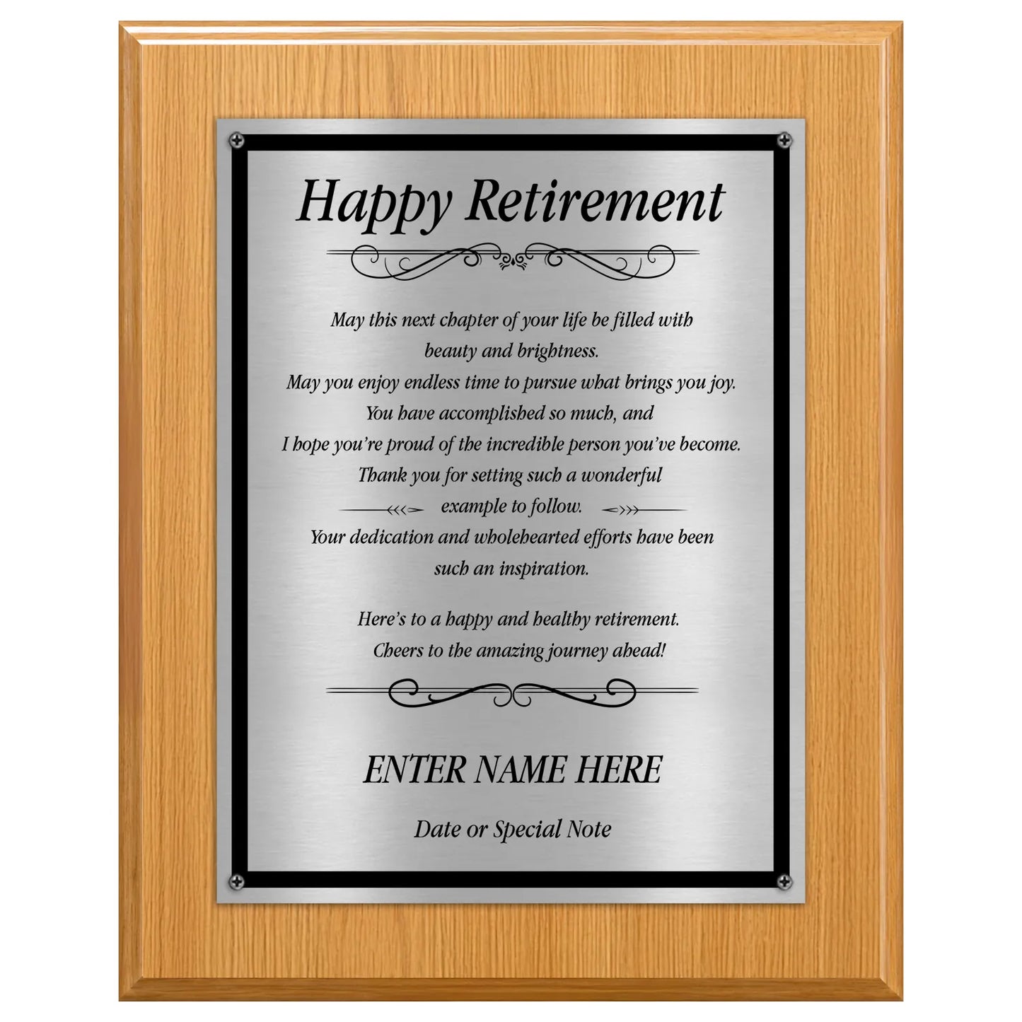 Happy Retirement Classic Plaque - 4 Frame Colors - Brushed Silver & Gold Plate Options