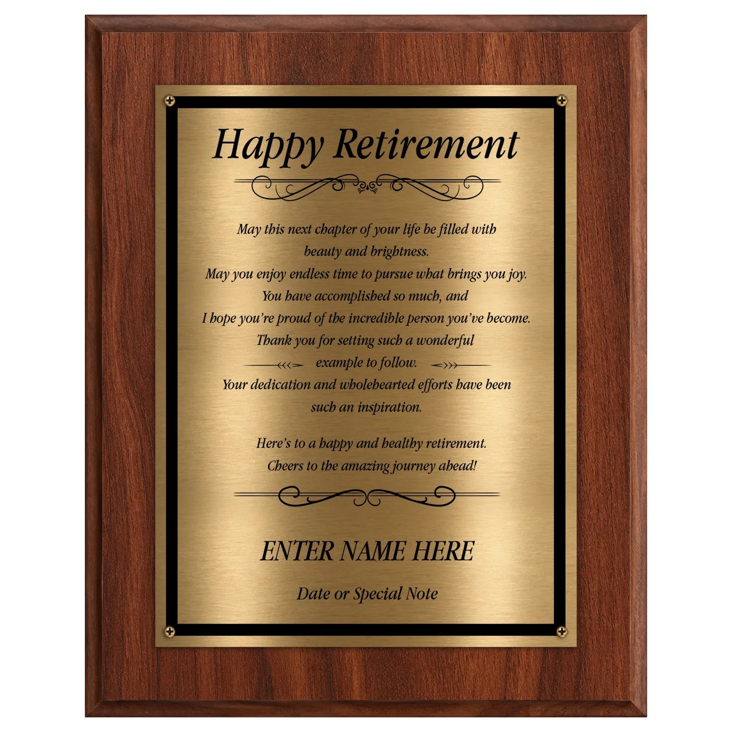 Happy Retirement Classic Plaque - 4 Frame Colors - Brushed Silver & Gold Plate Options