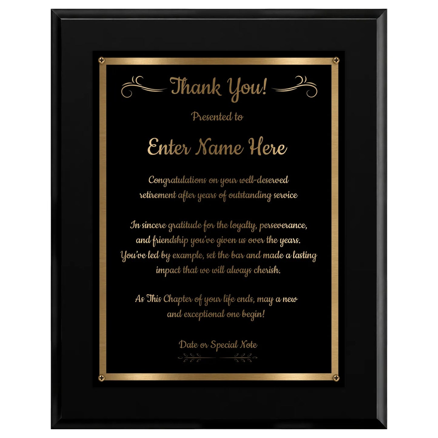 Thank You Classic Retirement Plaque - 4 Frame Colors - Silver & Gold Plate Options