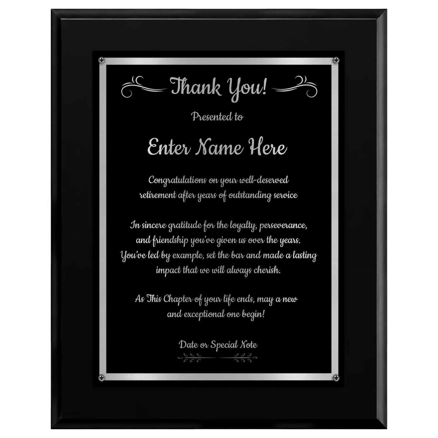 Thank You Classic Retirement Plaque - 4 Frame Colors - Silver & Gold Plate Options