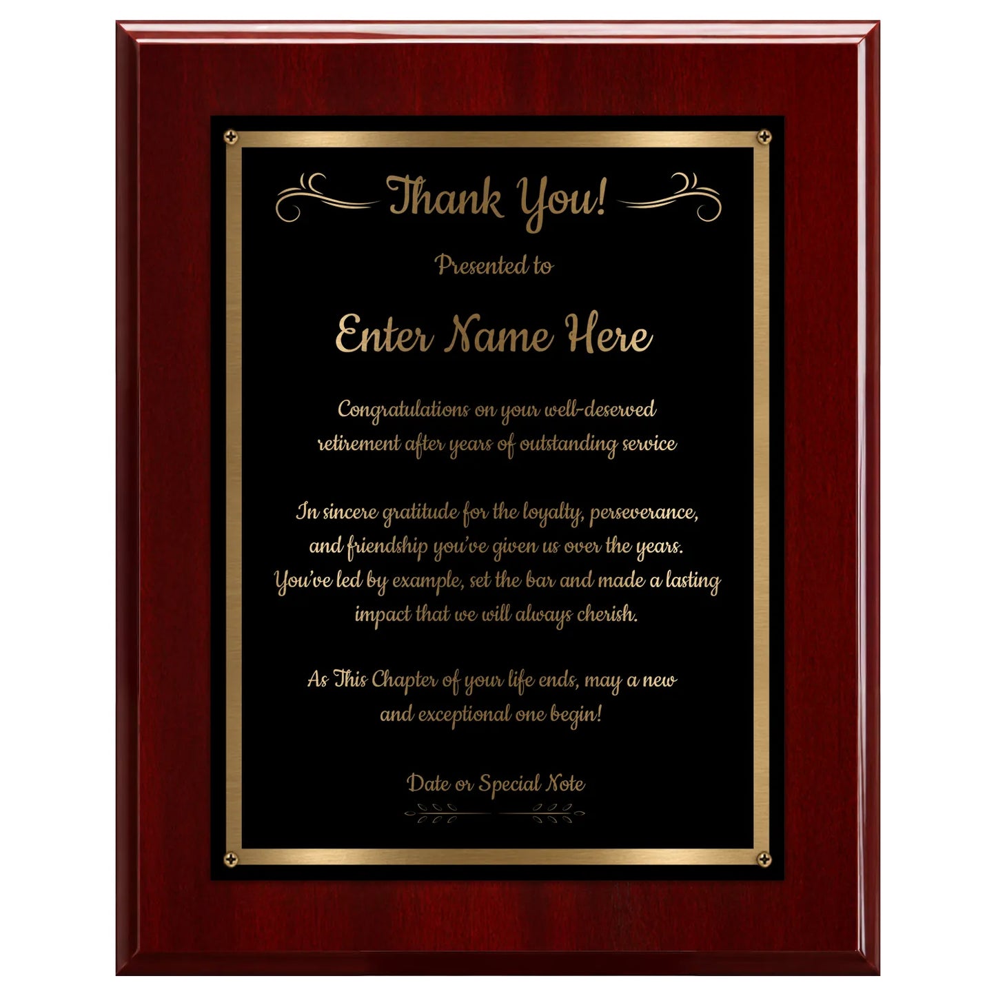 Thank You Classic Retirement Plaque - 4 Frame Colors - Silver & Gold Plate Options
