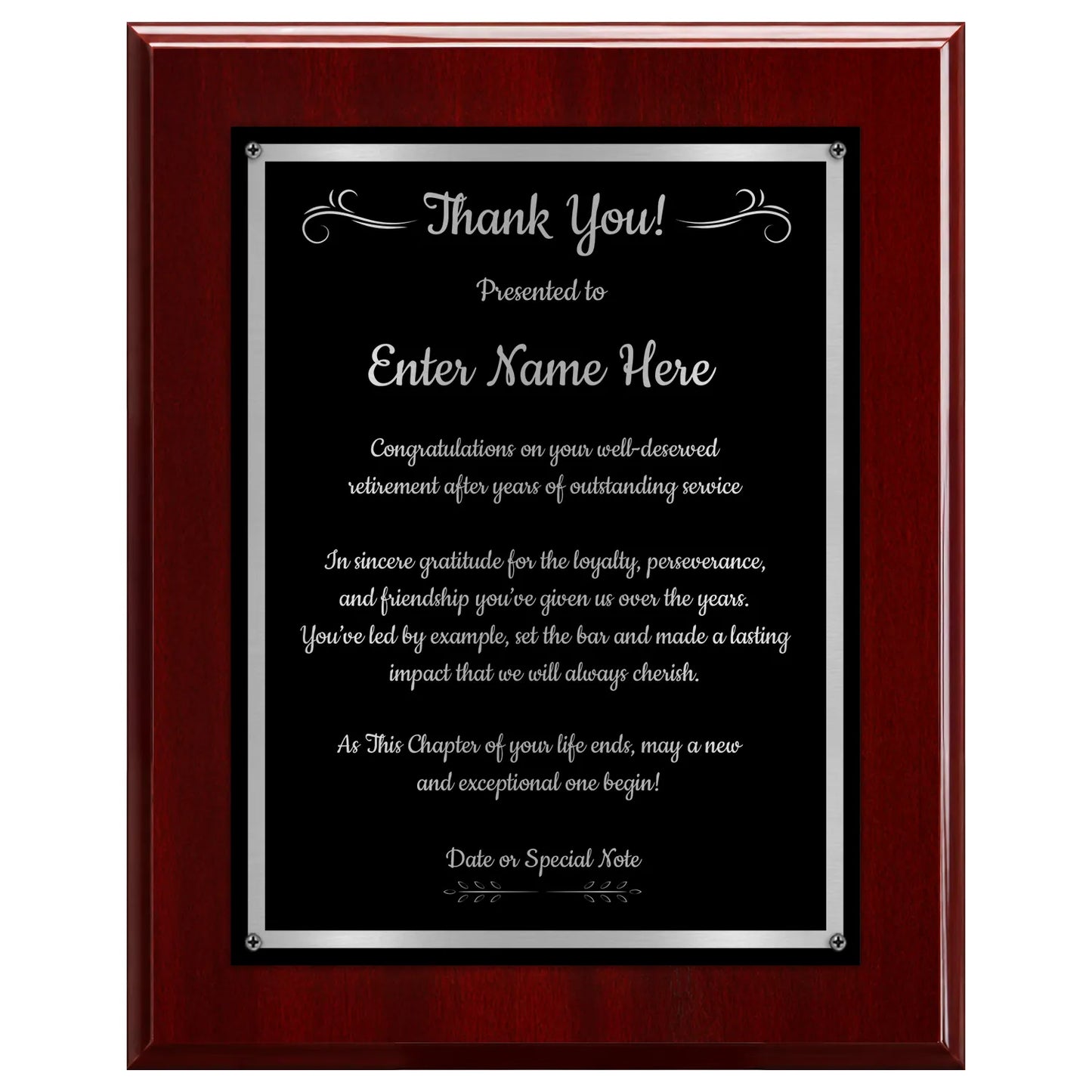 Thank You Classic Retirement Plaque - 4 Frame Colors - Silver & Gold Plate Options