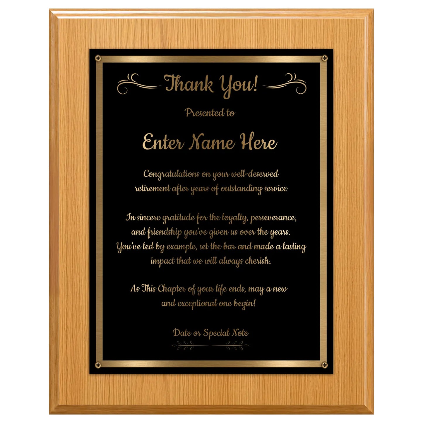 Thank You Classic Retirement Plaque - 4 Frame Colors - Silver & Gold Plate Options