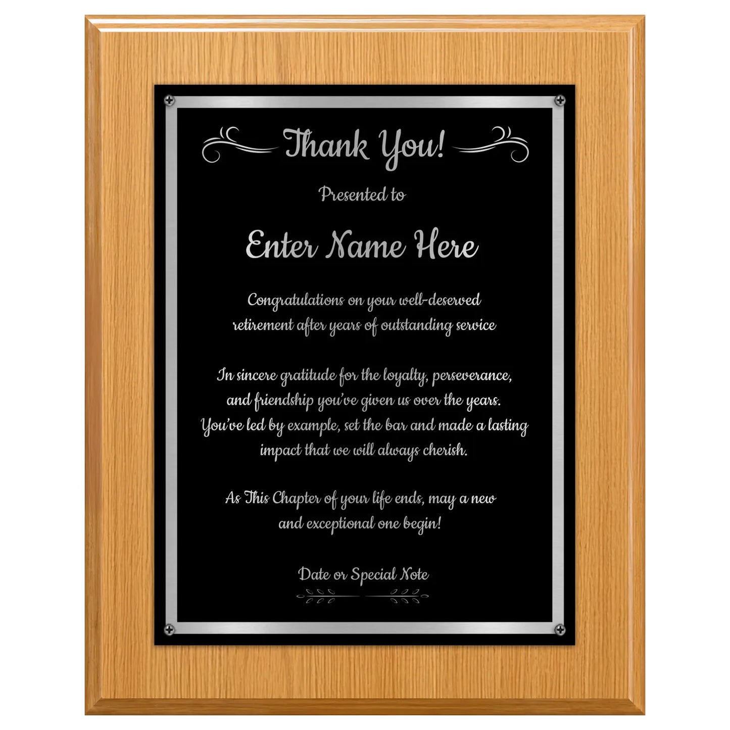 Thank You Classic Retirement Plaque - 4 Frame Colors - Silver & Gold Plate Options