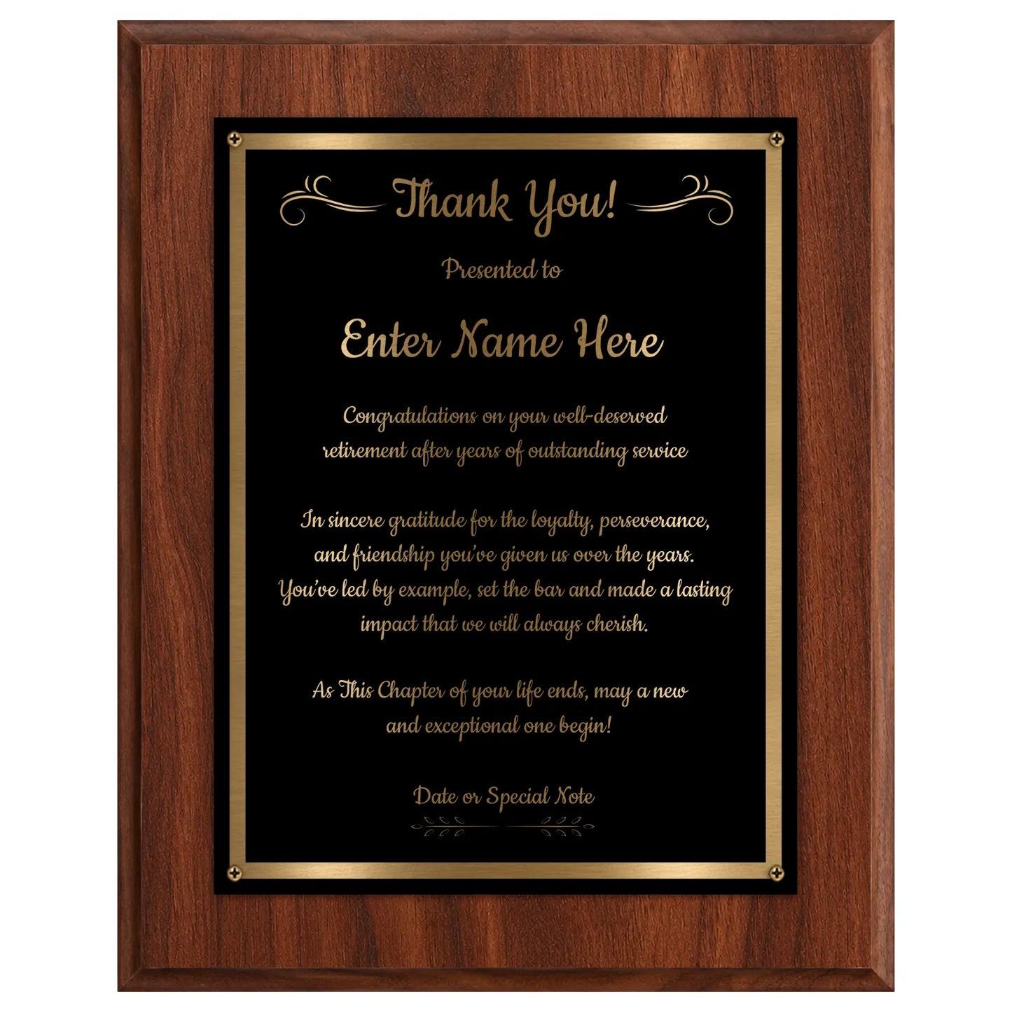 Thank You Classic Retirement Plaque - 4 Frame Colors - Silver & Gold Plate Options