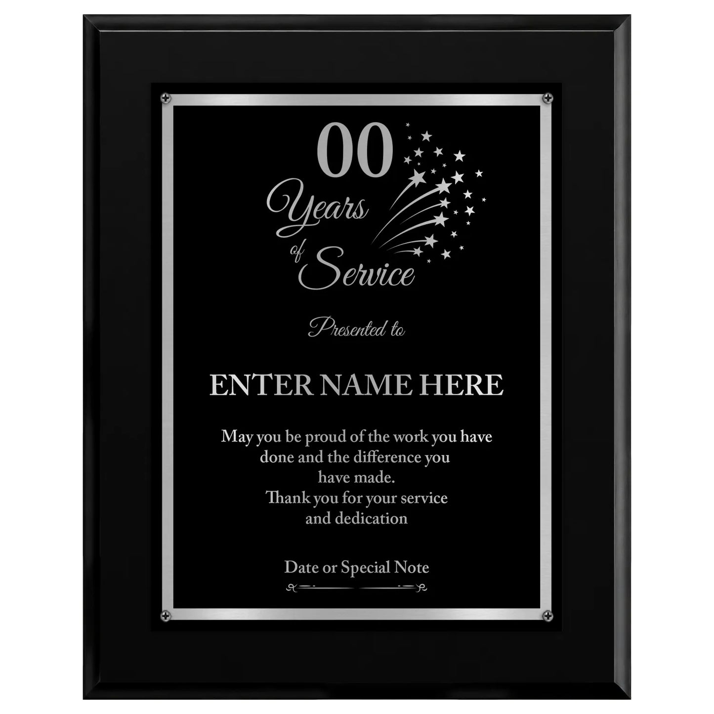 Years of Service Classic Retirement Plaque - 4 Frame Colors - Brushed Silver & Gold Plate Options