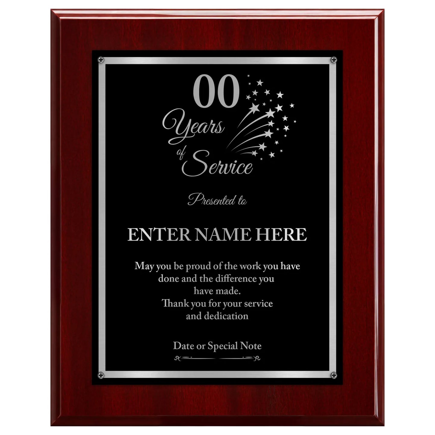 Years of Service Classic Retirement Plaque - 4 Frame Colors - Brushed Silver & Gold Plate Options