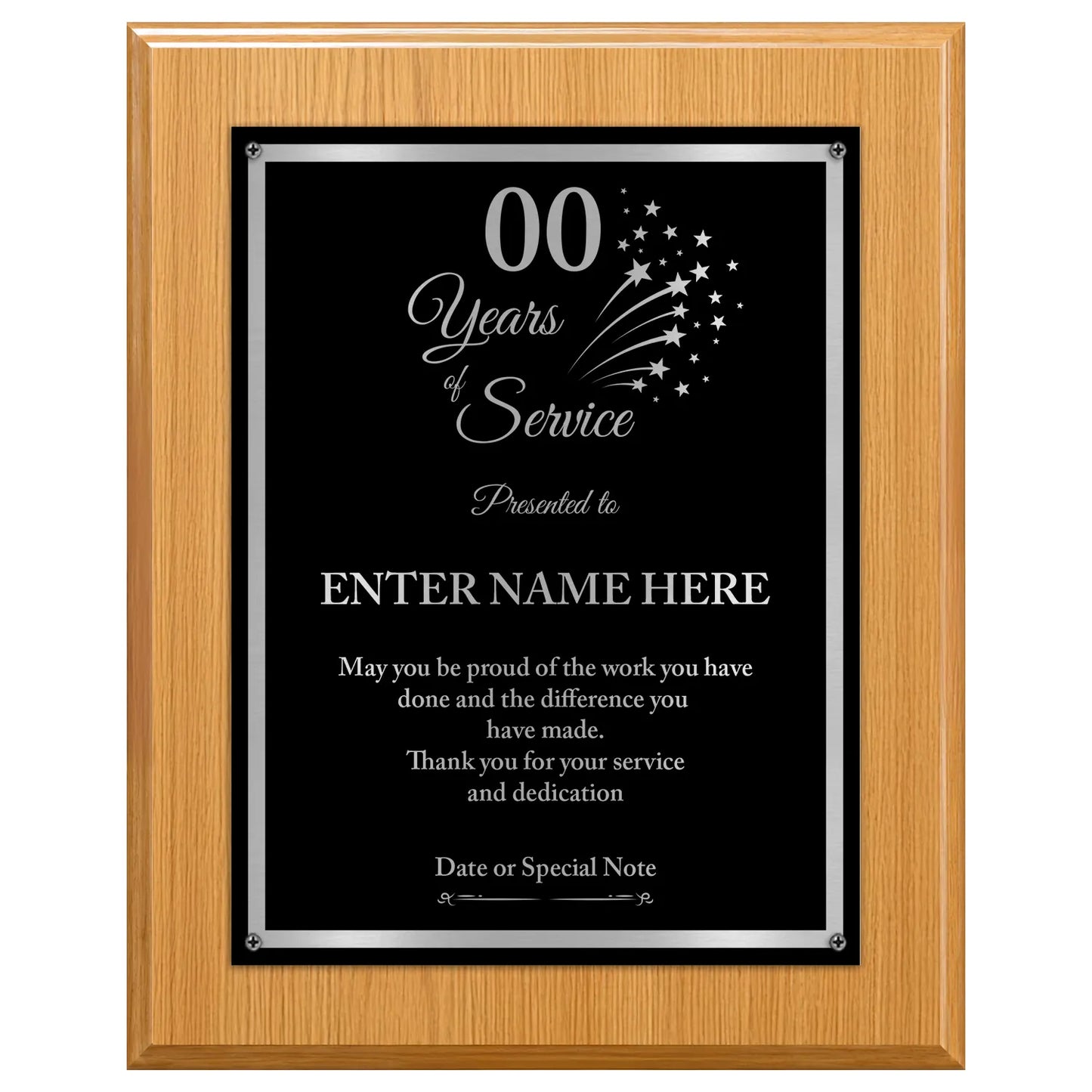 Years of Service Classic Retirement Plaque - 4 Frame Colors - Brushed Silver & Gold Plate Options