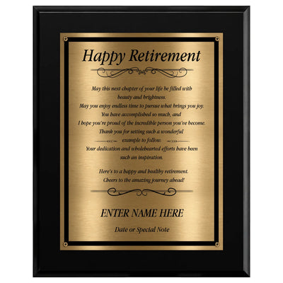 Happy Retirement Classic Plaque - 4 Frame Colors - Brushed Silver & Gold Plate Options