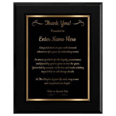Thank You Classic Retirement Plaque - 4 Frame Colors - Silver & Gold Plate Options
