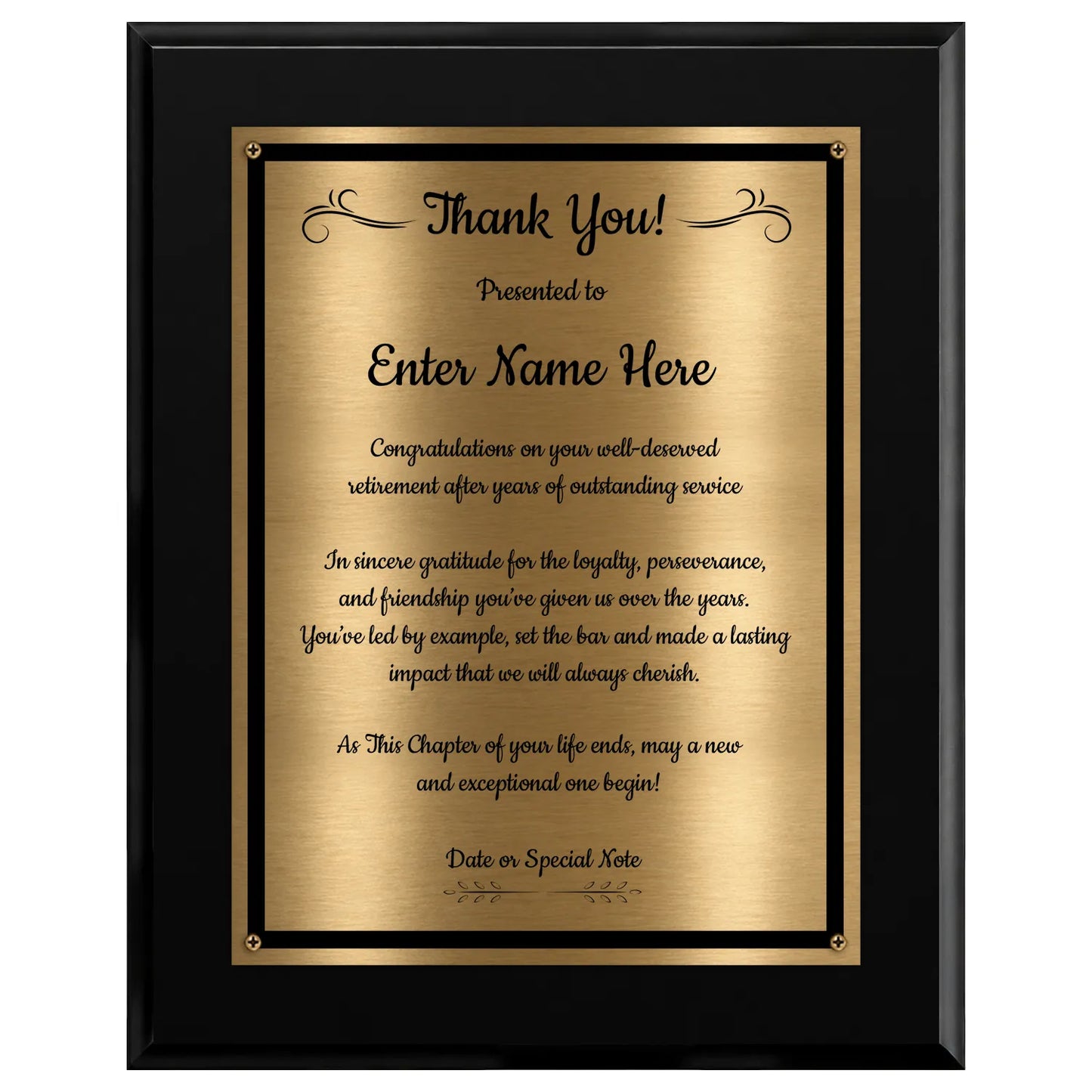 Thank You Classic Retirement Plaque - 4 Frame Colors - Brushed Silver & Gold Plate Options
