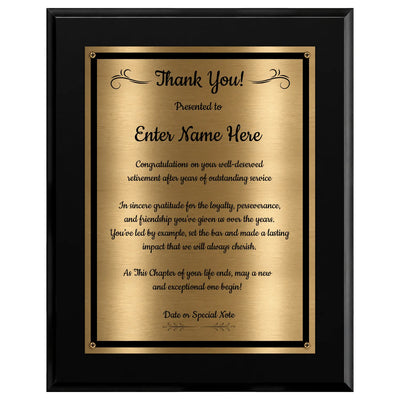 Thank You Classic Retirement Plaque - 4 Frame Colors - Brushed Silver & Gold Plate Options