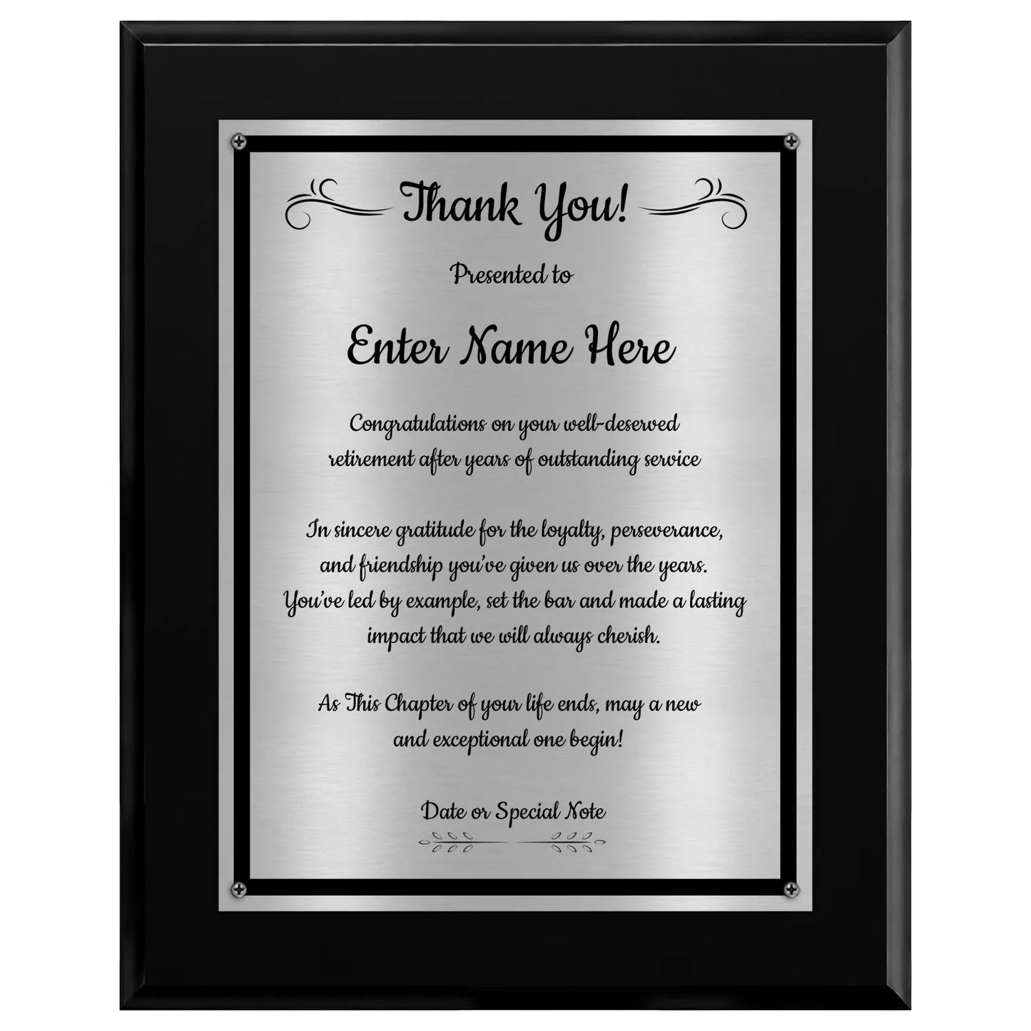 Thank You Classic Retirement Plaque - 4 Frame Colors - Brushed Silver & Gold Plate Options